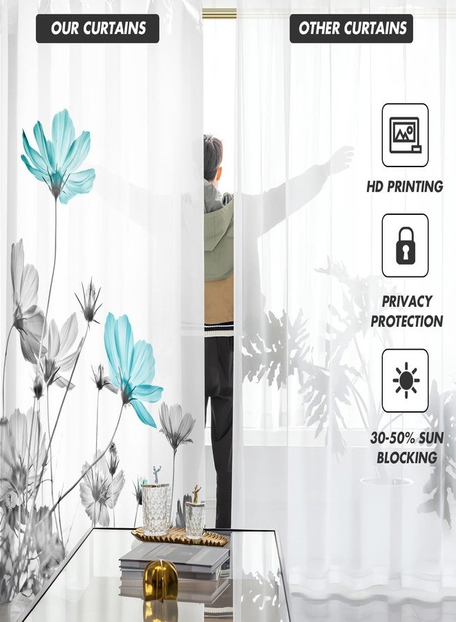 Kikiry Teal Floral Kitchen Curtains Mini 27.5''W x 39''L Patterned Turquoise Flower Country Aqua Farmhouse Daisy Grey White Short Small Cafe Room Rod Pocket Window Drapes Treatment Tiers Fabric 1 Pair - Image 2